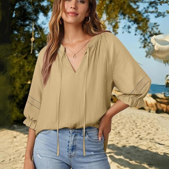 Womens Summer Blouses Flowy Casual V-Neck Front Tie Tops 3/4 Sleeve with Elastic - Picture 3 of 6
